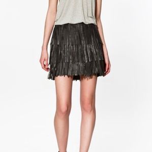 Zara leather fringe tassel mini skirt black